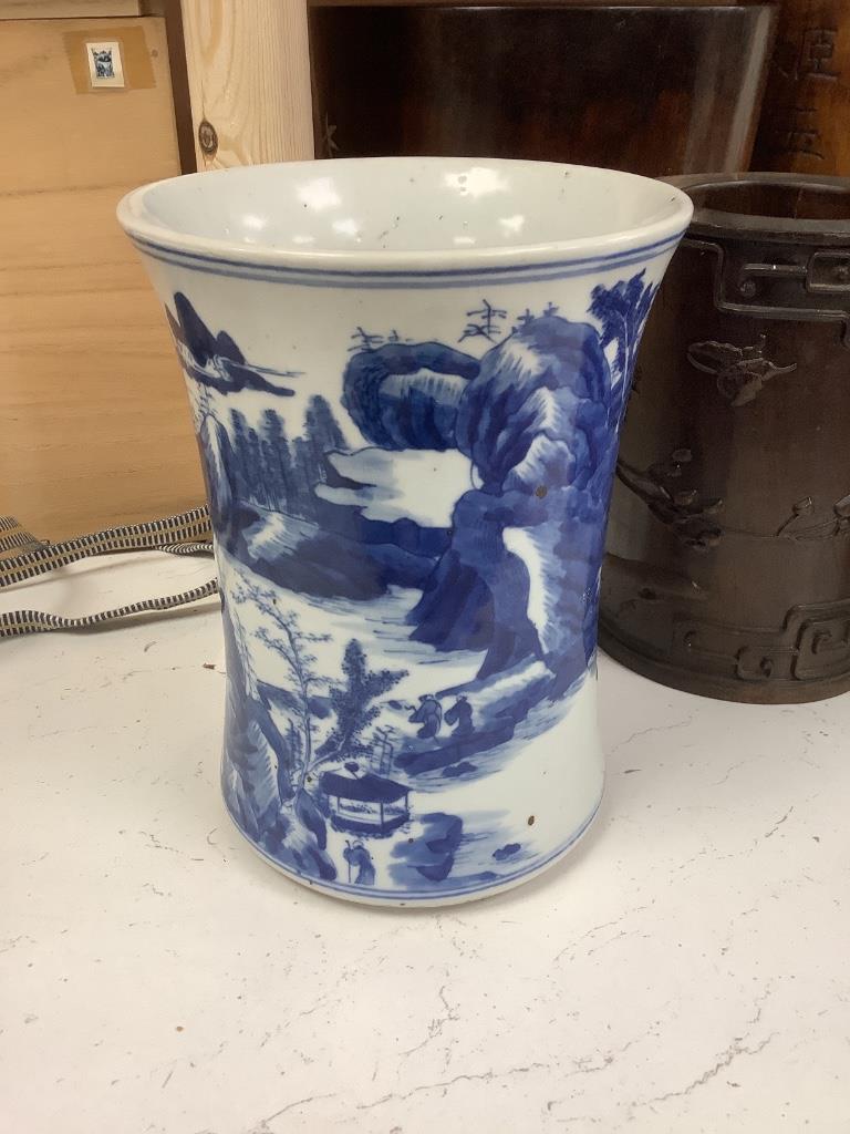 A Chinese blue and white porcelain brush pot, painted with a landscape, 17cm high, in later pine box